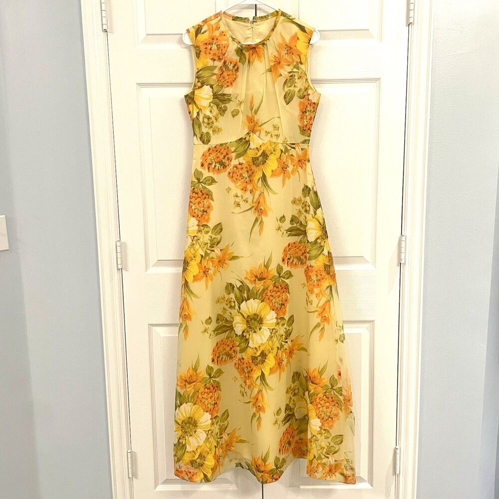 60s Vintage Yellow Floral Gown Sleeveless Maxi A-Line Dress Empire Waist Sz S/M - Picture 2 of 6